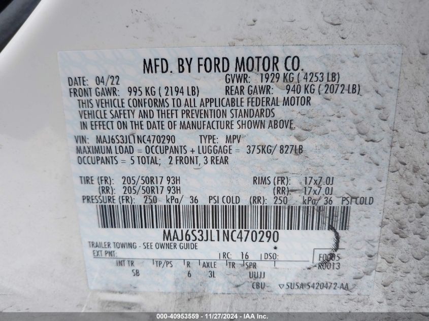 VIN MAJ6S3JL1NC470290 2022 Ford Ecosport, Ses no.9