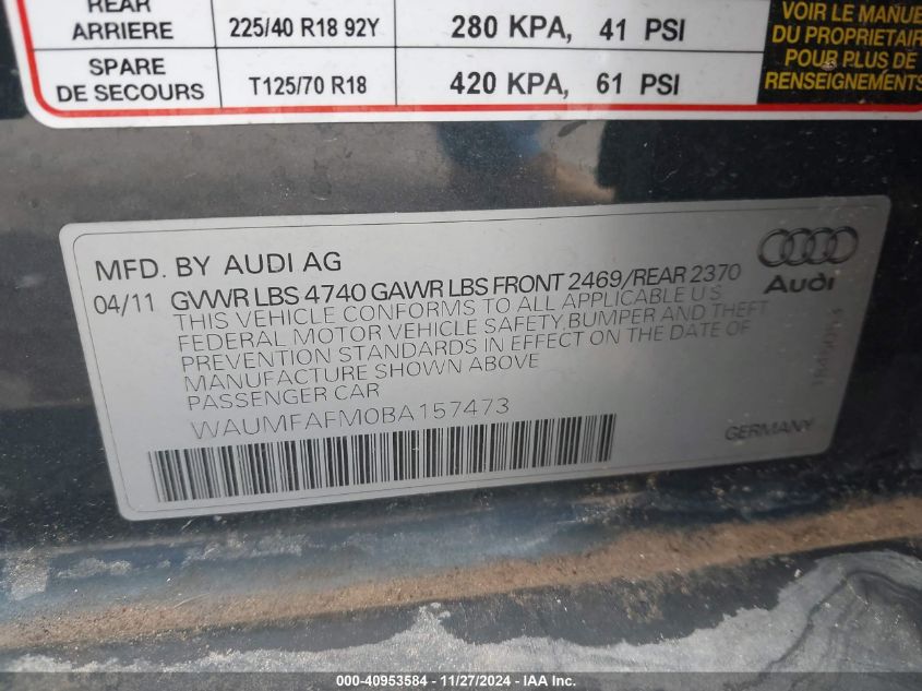 2011 Audi A3 2.0T Premium VIN: WAUMFAFM0BA157473 Lot: 40953584