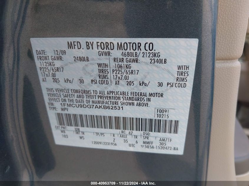 2010 Ford Escape Xlt VIN: 1FMCU9DG7AKB62531 Lot: 40953709