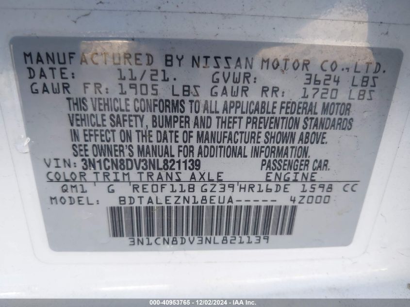 2022 Nissan Versa 1.6 S Xtronic Cvt VIN: 3N1CN8DV3NL821139 Lot: 40953765