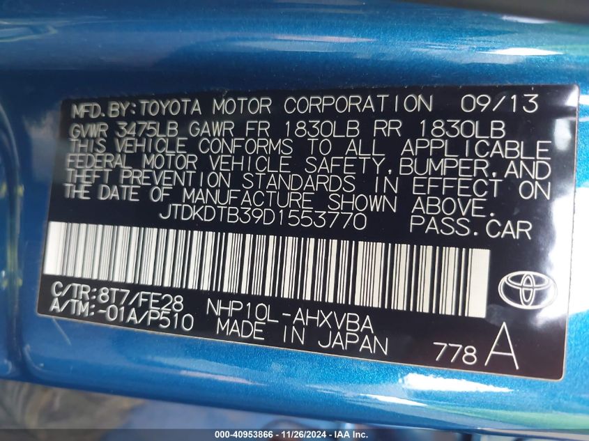 2013 Toyota Prius C One VIN: JTDKDTB39D1553770 Lot: 40953866