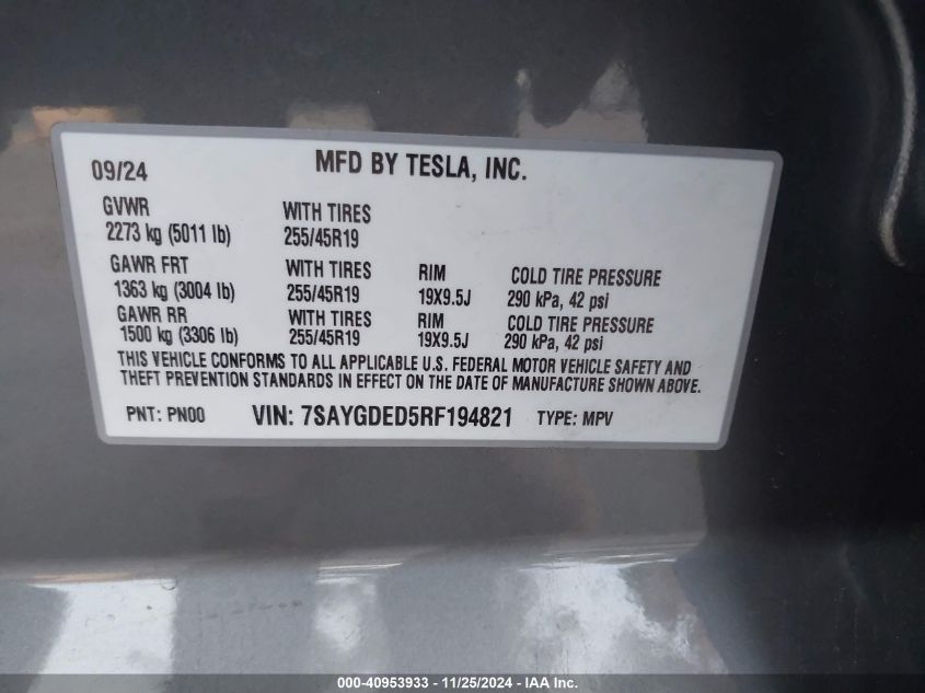 2024 Tesla Model Y Long Range Dual Motor All-Wheel Drive/Rwd VIN: 7SAYGDED5RF194821 Lot: 40953933