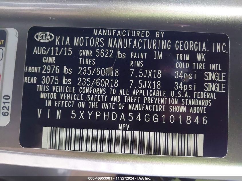 2016 Kia Sorento 3.3L Ex VIN: 5XYPHDA54GG101846 Lot: 40953981