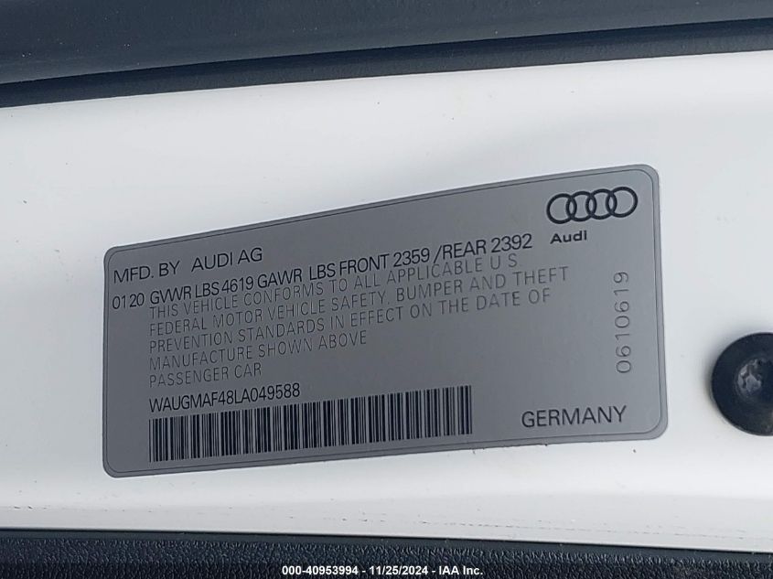 VIN WAUGMAF48LA049588 2020 Audi A4, Premium 40 Tfsi... no.9