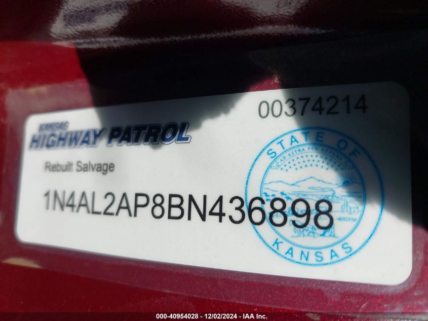 2011 Nissan Altima 2.5 S VIN: 1N4AL2AP8BN436898 Lot: 40954028