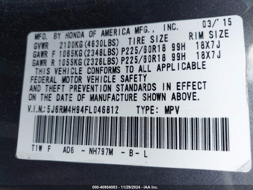 2015 HONDA CR-V TOURING - 5J6RM4H94FL046812