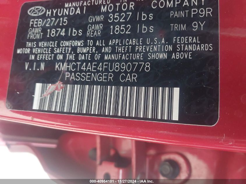 VIN KMHCT4AE4FU890778 2015 Hyundai Accent, Gls no.9