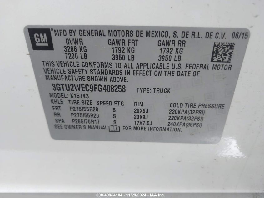 VIN 3GTU2WEC9FG408258 2015 GMC SIERRA 1500 no.9