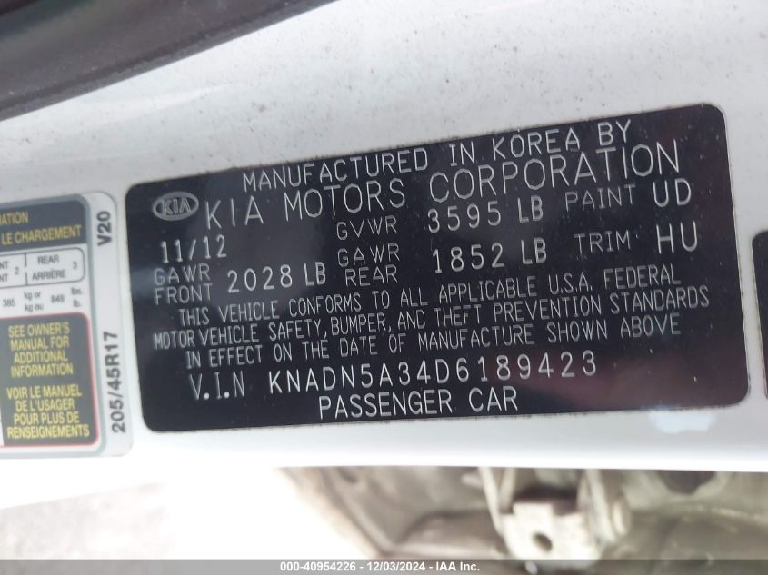 2013 Kia Rio Sx VIN: KNADN5A34D6189423 Lot: 40954226