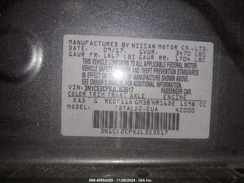 VIN 3N1CE2CPXJL353517 2018 NISSAN VERSA NOTE no.9