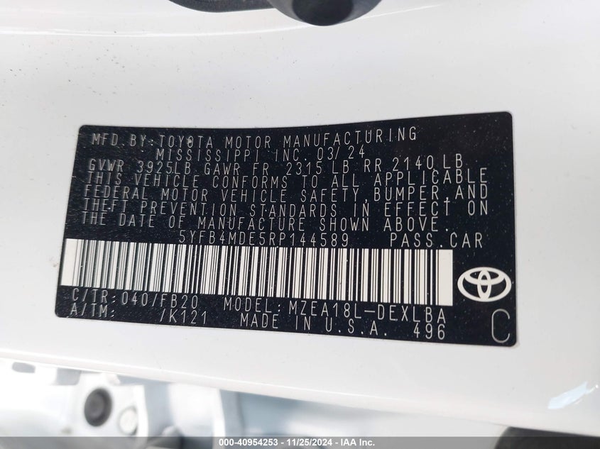 2024 TOYOTA COROLLA VIN: 5YFB4MDE5RP144589