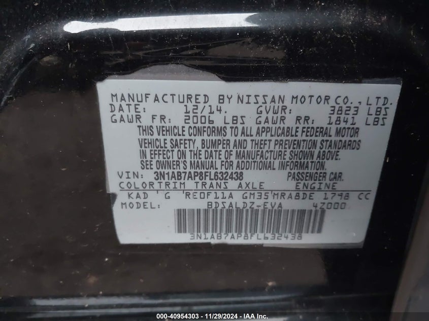 2015 Nissan Sentra Sv VIN: 3N1AB7AP8FL632438 Lot: 40954303