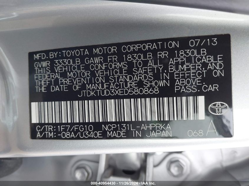 2014 Toyota Yaris Le (Tmc/Cbu Plant) VIN: JTDKTUD3XED580868 Lot: 40954430