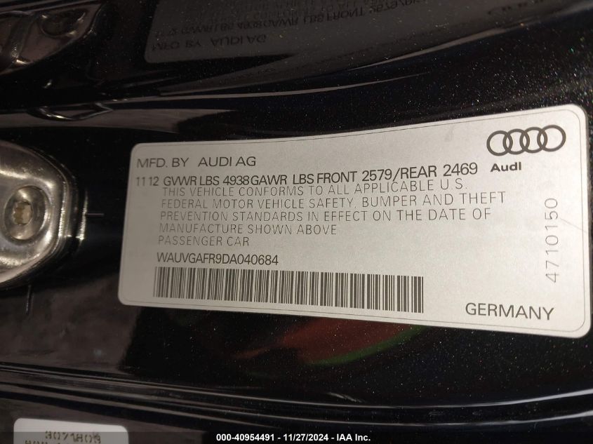 VIN WAUVGAFR9DA040684 2013 Audi S5, 3.0T Premium Plus no.9