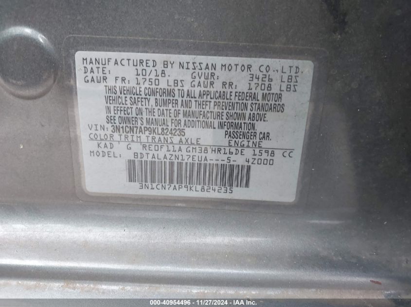 VIN 3N1CN7AP9KL824235 2019 NISSAN VERSA no.9