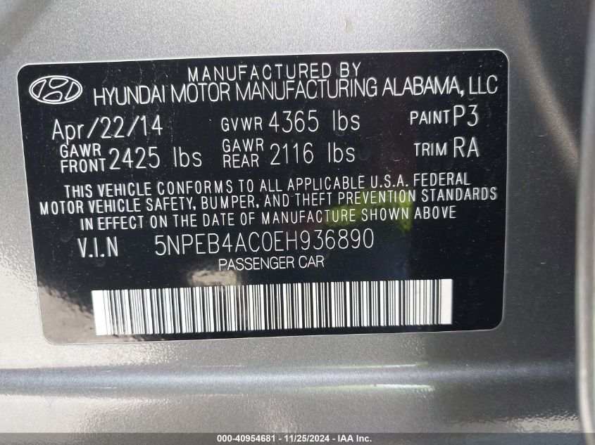 VIN 5NPEB4AC0EH936890 2014 Hyundai Sonata, Gls no.9