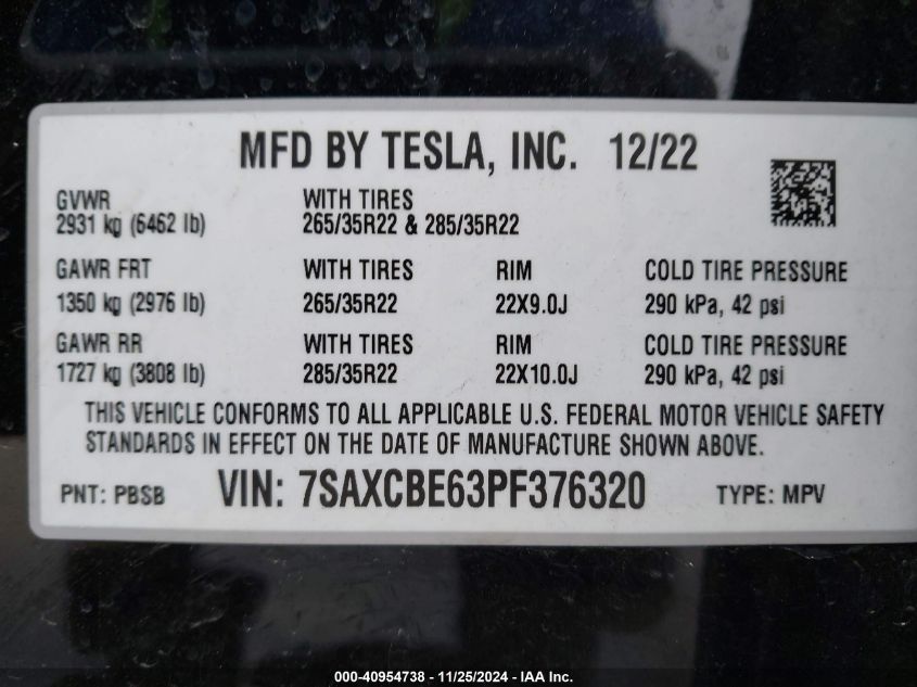 2023 Tesla Model X Plaid Tri Motor All-Wheel Drive VIN: 7SAXCBE63PF376320 Lot: 40954738