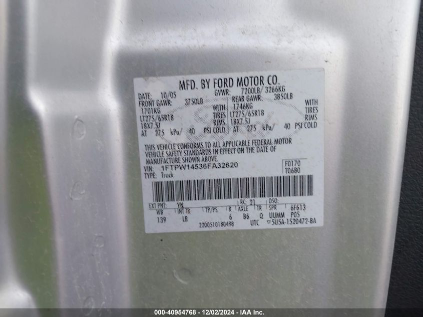 2006 Ford F-150 Fx4/Lariat/Xlt VIN: 1FTPW14536FA32620 Lot: 40954768