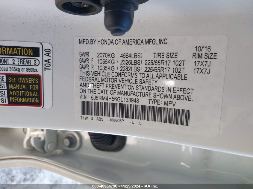 2016 HONDA CR-V EX - 5J6RM4H56GL133948