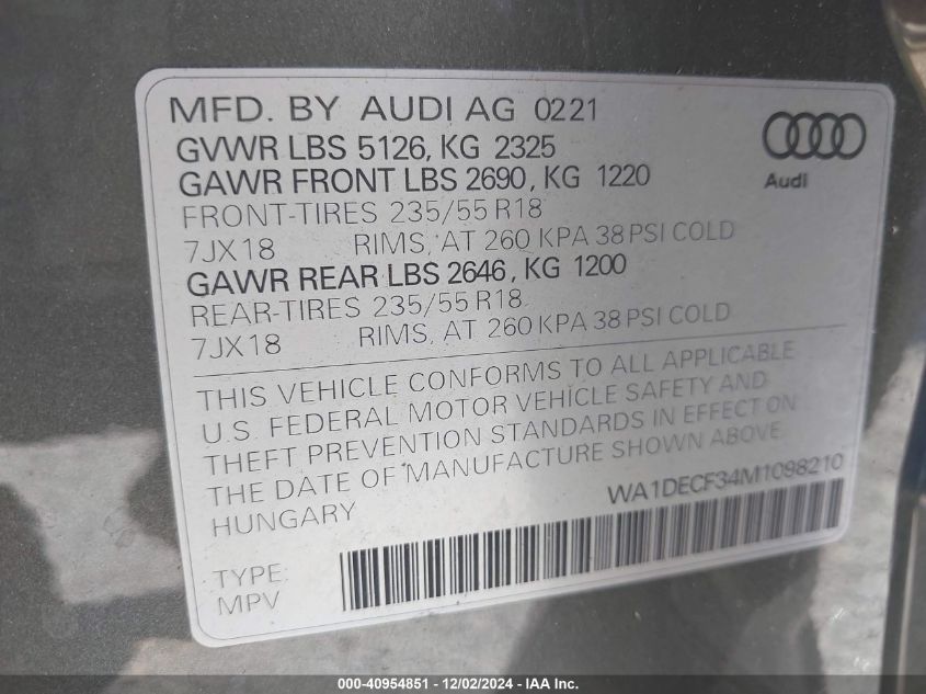 VIN WA1DECF34M1098210 2021 Audi Q3, Premium 45 Tfsi... no.9