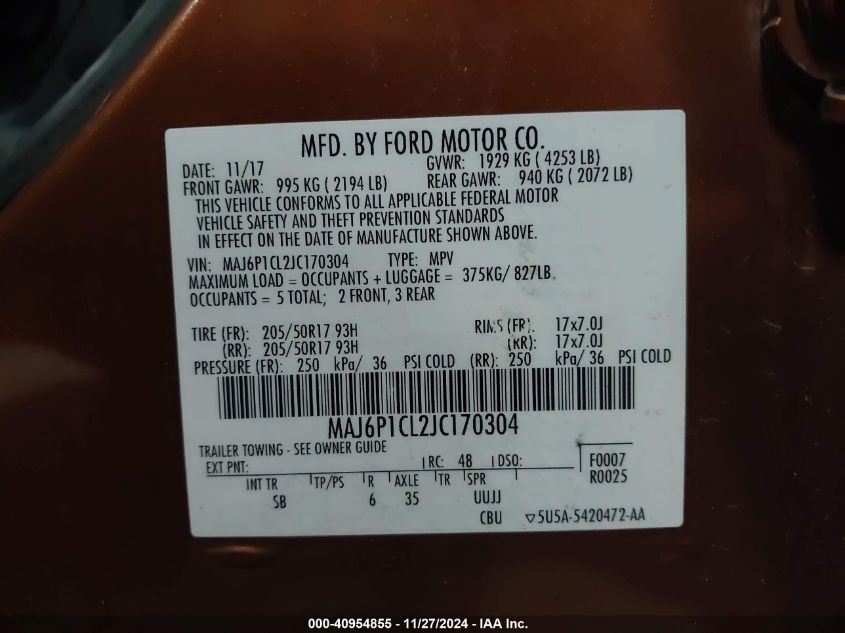 2018 Ford Ecosport Ses VIN: MAJ6P1CL2JC170304 Lot: 40954855