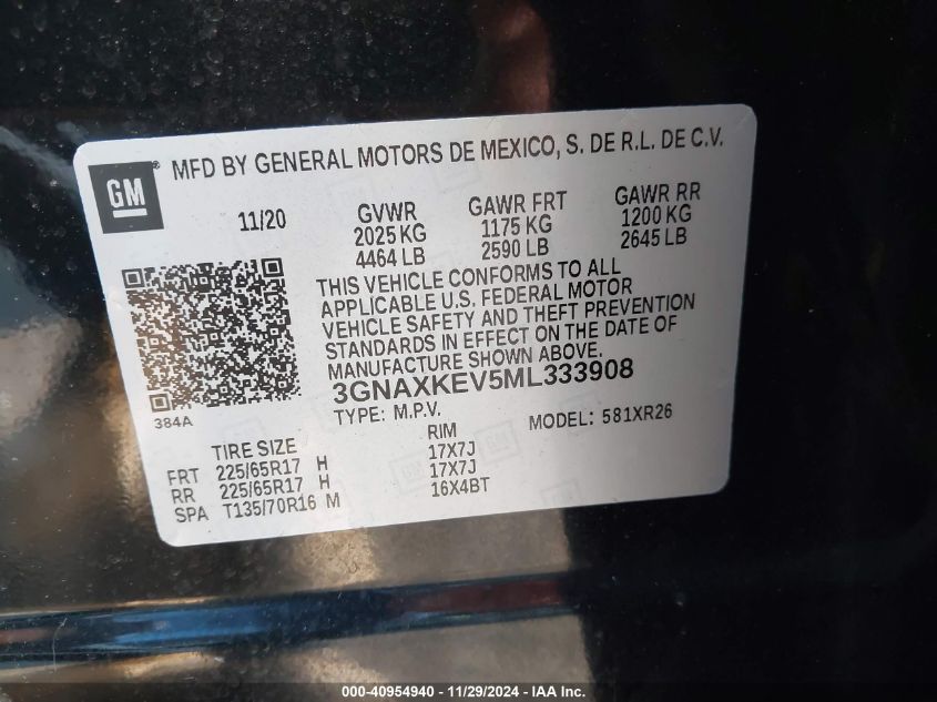 2021 Chevrolet Equinox Lt VIN: 3GNAXKEV5ML33908 Lot: 40954940