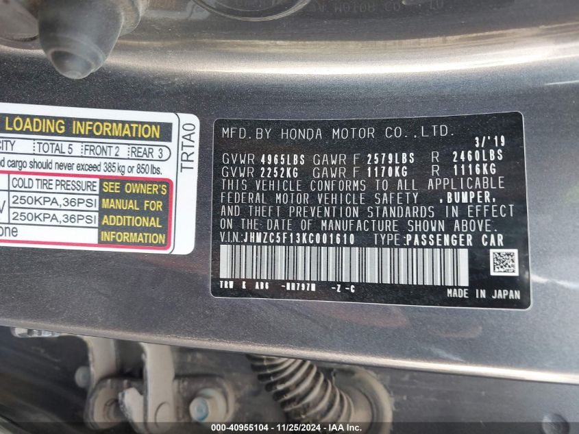 VIN JHMZC5F13KC001610 2019 Honda Clarity, Plug-In H... no.9