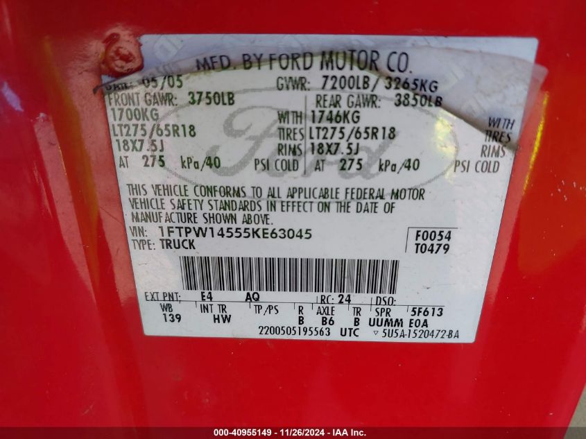2005 Ford F-150 VIN: IFTPW14555KE63045 Lot: 40955149