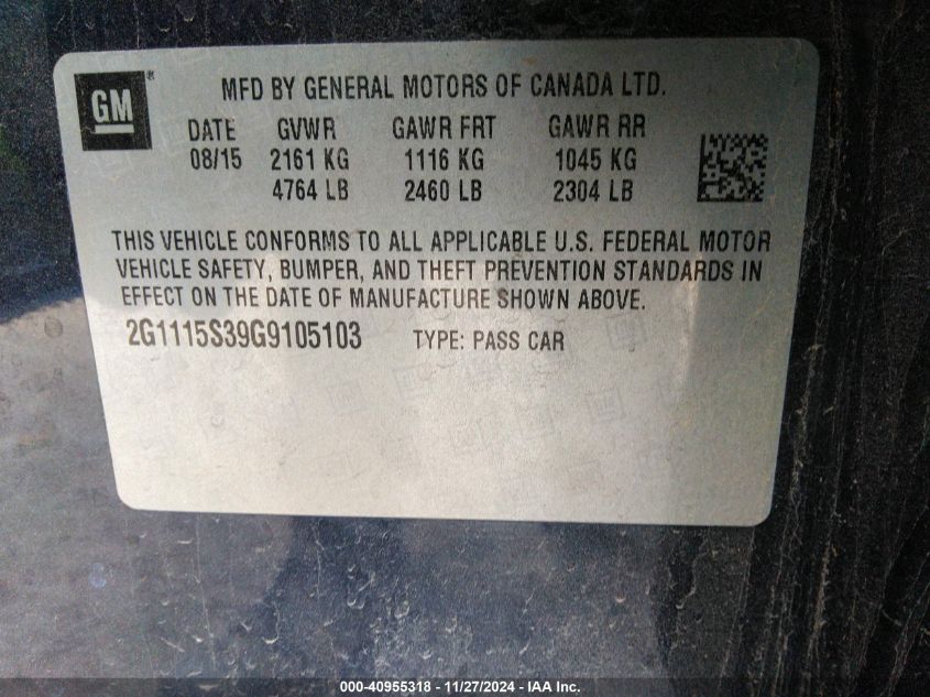 VIN 2G1115S39G9105103 2016 Chevrolet Impala, 2LT no.9