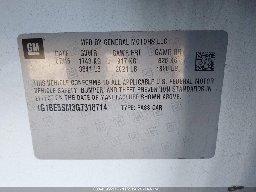 2016 CHEVROLET CRUZE VIN: 1G1BE5SM3G7318714