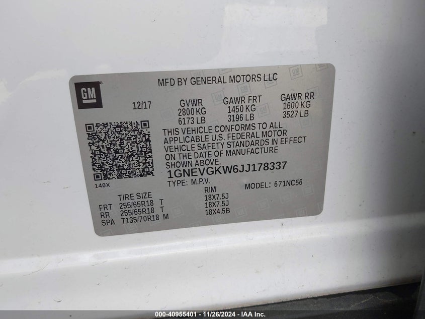 VIN 1GNEVGKW6JJ178337 2018 CHEVROLET TRAVERSE 1LT
