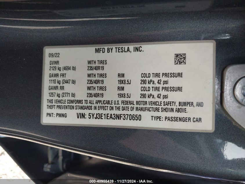 VIN 5YJ3E1EA3NF370650 2022 Tesla Model 3, Rear-Whee... no.9