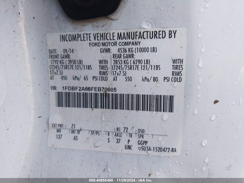 2015 FORD F-250 XL 1FDBF2A68FEB70605