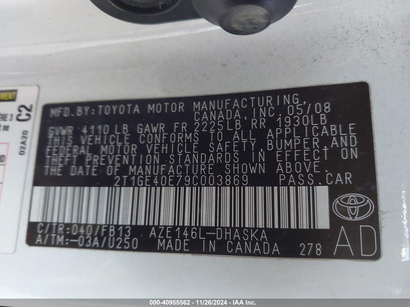 2009 TOYOTA MATRIX VIN: 2T1GE40E79C003869