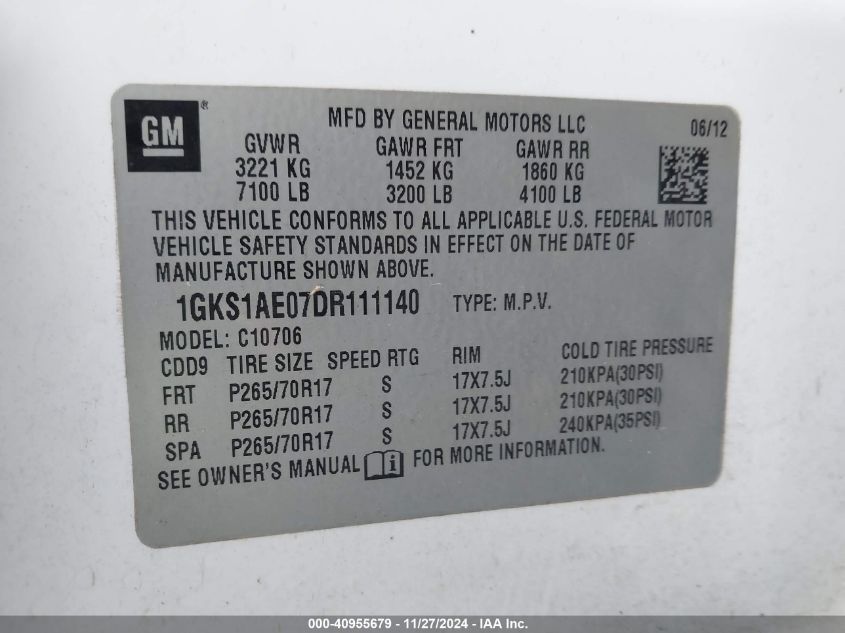 VIN 1GKS1AE07DR111140 2013 GMC Yukon, Sle no.9