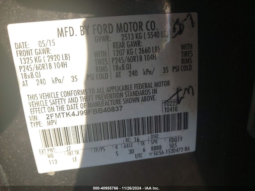 VIN 2FMTK4J99FBB40837 2015 FORD EDGE no.9