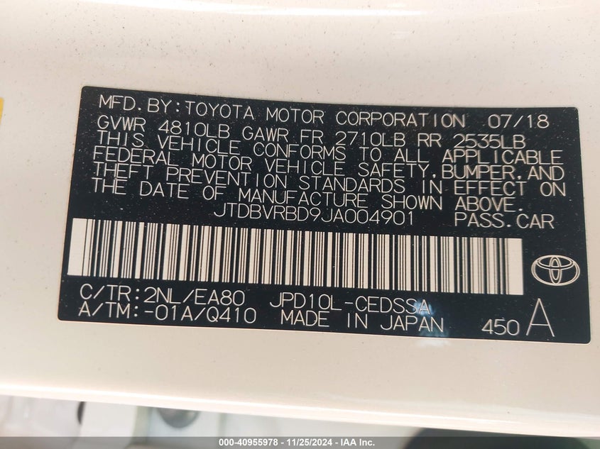 2018 TOYOTA MIRAI JTDBVRBD9JA004901