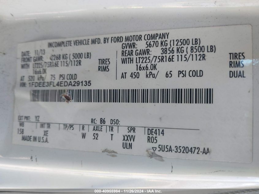 2014 Ford E-350 Cutaway VIN: 1FDEE3FL4EDA29135 Lot: 40955984