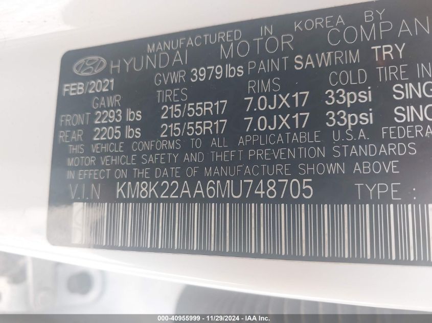 2021 Hyundai Kona Sel VIN: KM8K22AA6MU748705 Lot: 40955999