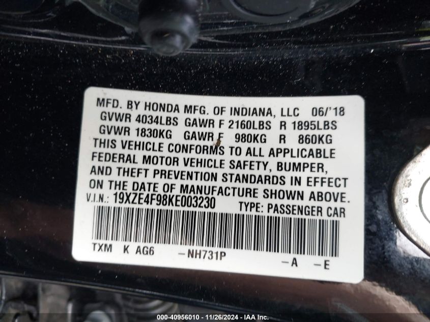 2019 Honda Insight Touring VIN: 19XZE4F98KE003230 Lot: 40956010