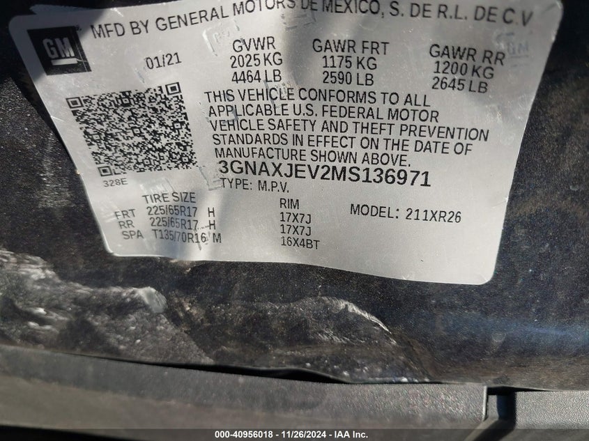 VIN 3GNAXJEV2MS136971 2021 CHEVROLET EQUINOX FWD 2FL