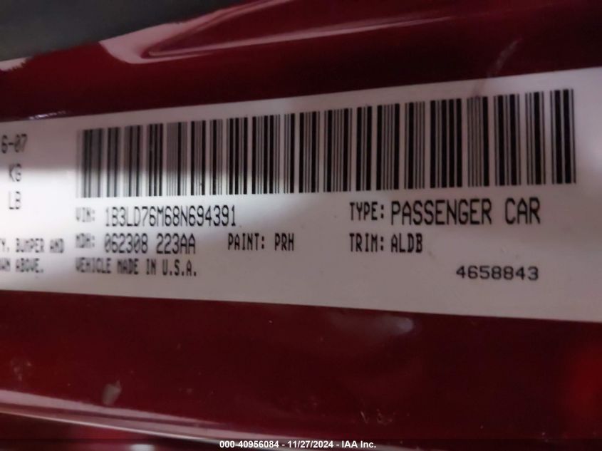 2008 Dodge Avenger R/T VIN: 1B3LD76M68N694391 Lot: 40956084