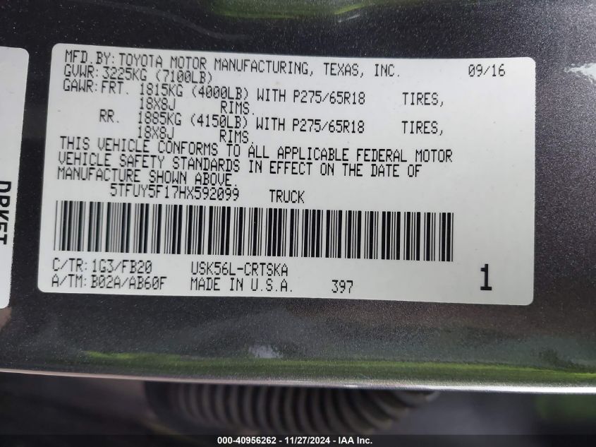 VIN 5TFUY5F17HX592099 2017 Toyota Tundra, Sr5 5.7L V8 no.9