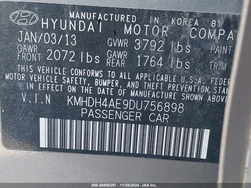 2013 Hyundai Elantra Gls VIN: KMHDH4AE9DU756898 Lot: 40956297