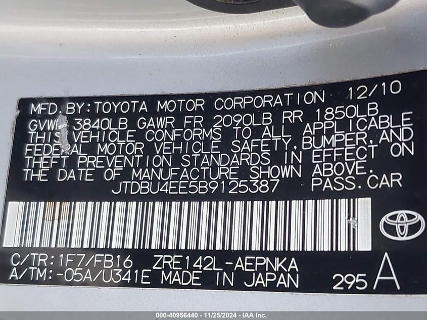 2011 TOYOTA COROLLA VIN: JTDBU4EE5B9125387