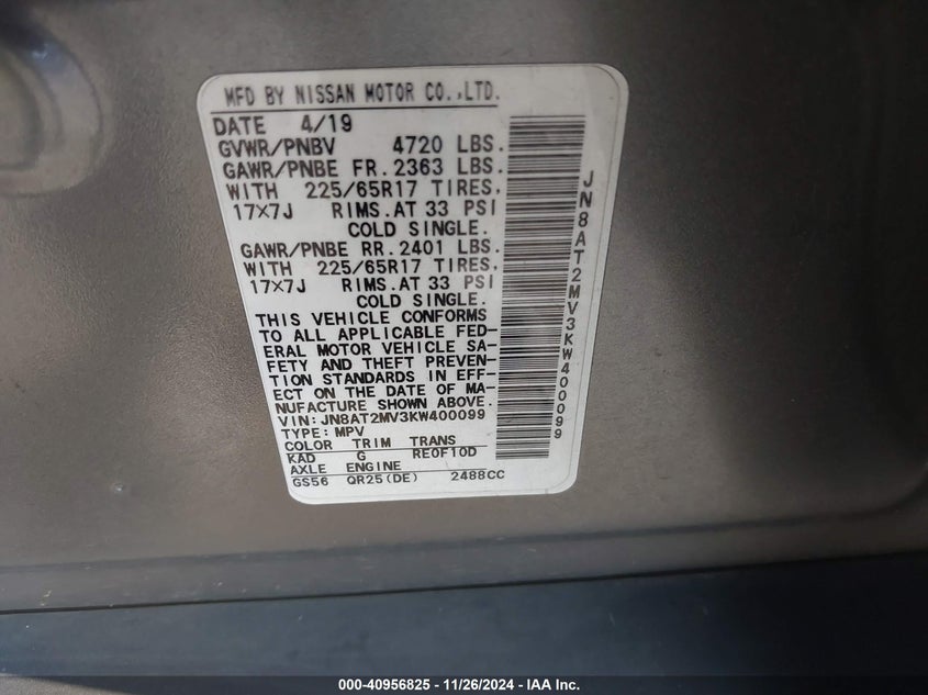 2019 NISSAN ROGUE SV - JN8AT2MV3KW400099