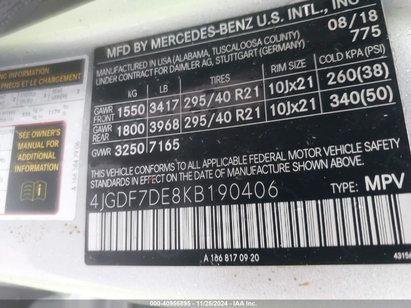 VIN 4JGDF7DE8KB190406 2019 Mercedes-Benz GLS 550, 4... no.9