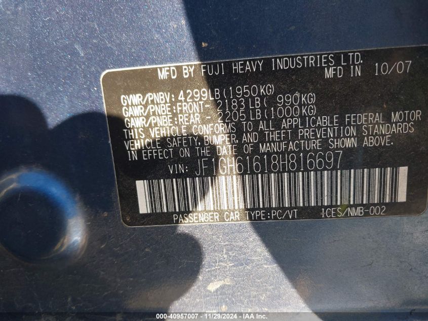 2008 Subaru Impreza 2.5I VIN: JF1GH61618H816697 Lot: 40957007