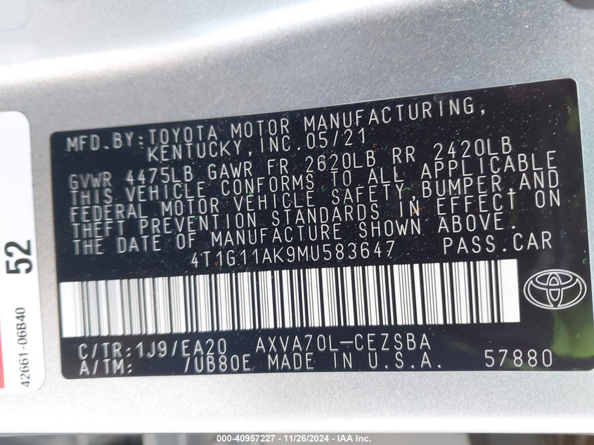 2021 TOYOTA CAMRY VIN: 4T1G11AK9MU583647