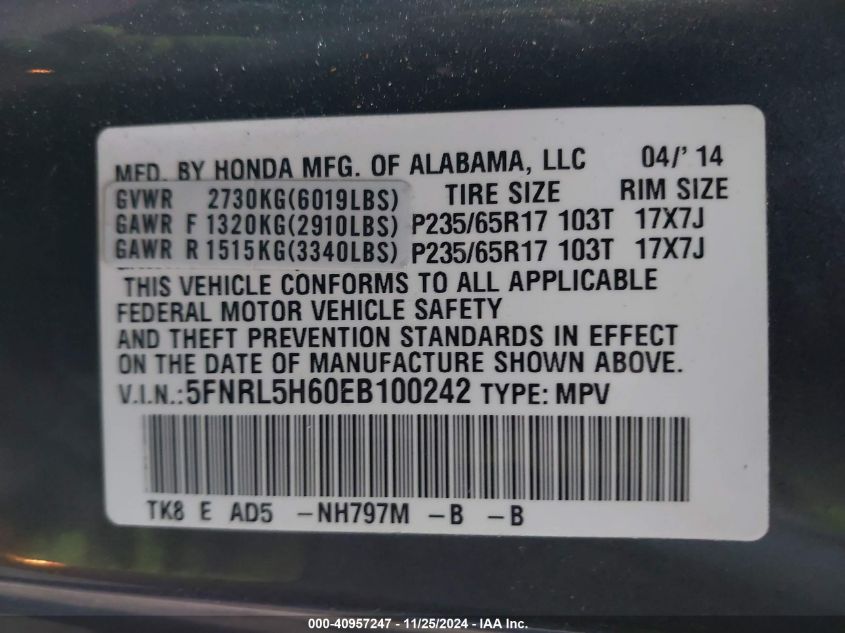 VIN 5FNRL5H60EB100242 2014 Honda Odyssey, Ex-L no.9